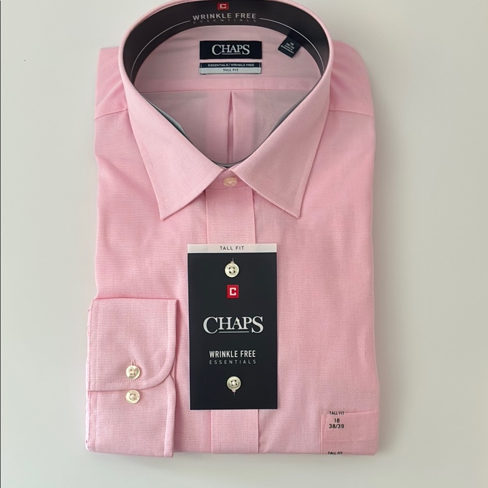 CHAPS Tall Fit Essentials Dress Shirt Pink 18 38/39 Wrinkle Free Retail $50